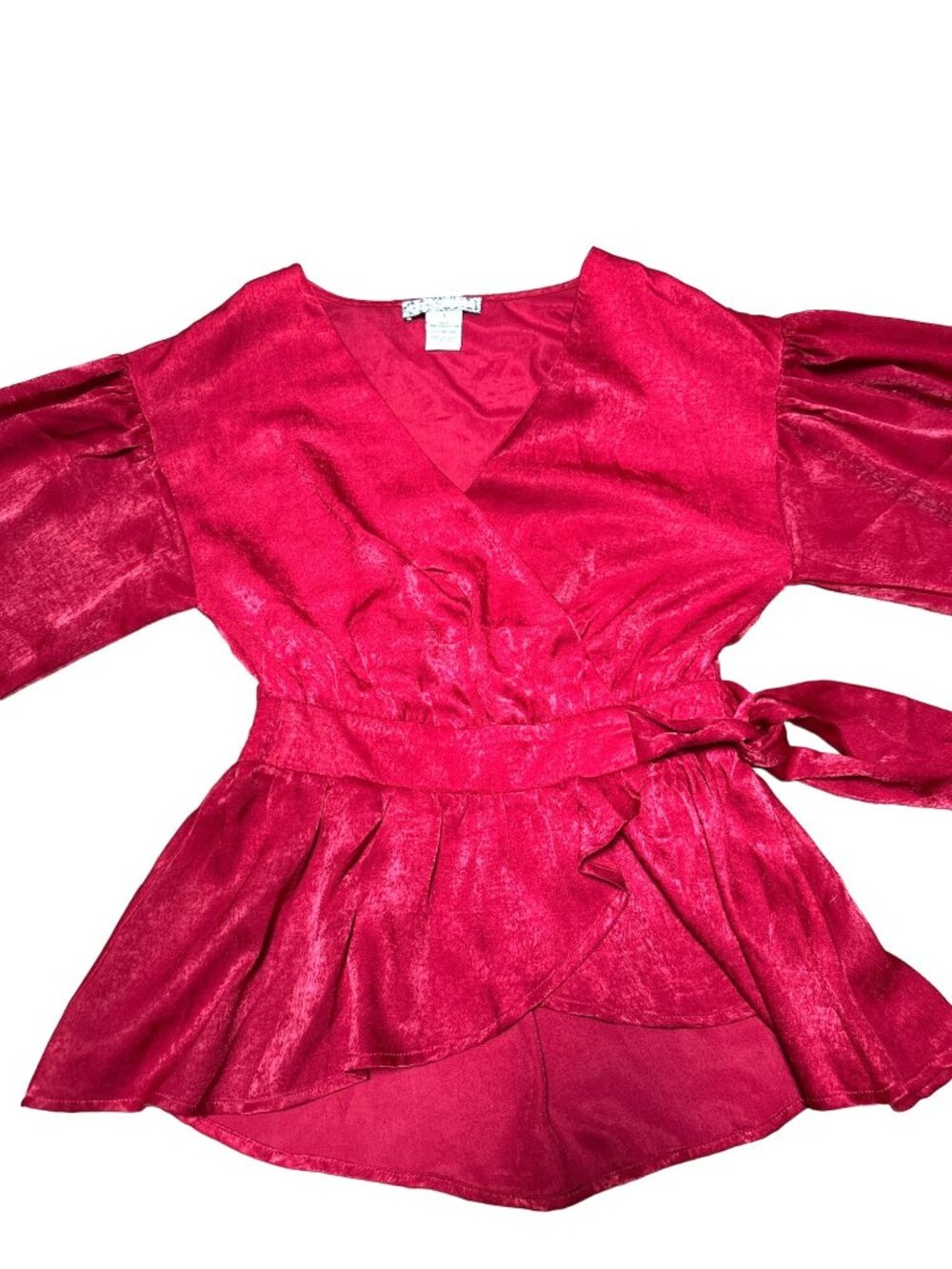 A Calin Size Sm Red Satin Wrap Blouse Peplum Balloon Sleeve Holiday Glamcore Top - Picture 7 of 10